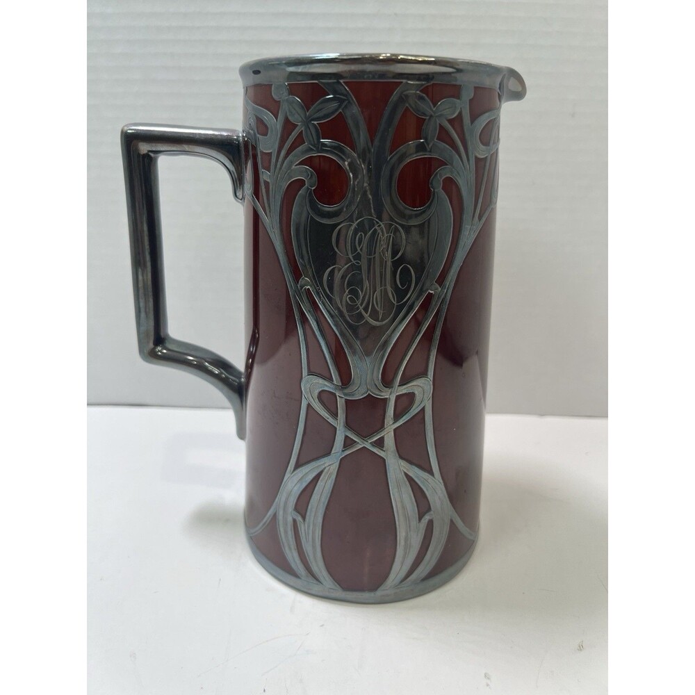 Antique LENOX Silver Overlay Chocolate Pot Pitcher Burgundy Art Nouveau No Lid